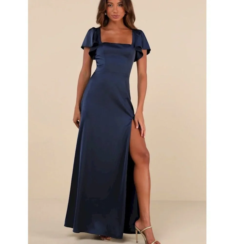 Lulus Ultimate Sweetness Navy Blue Satin Flutter Sleeve Maxi Dress Large NWOT